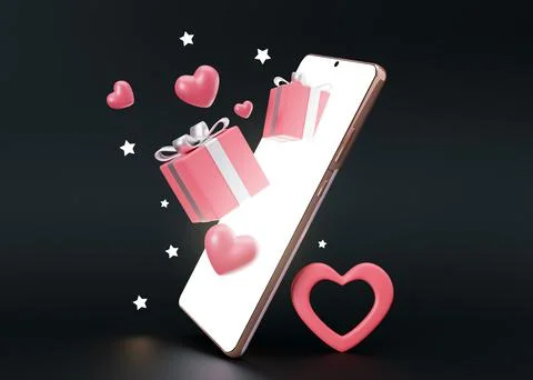 Smartphone with flying gift boxes and hearts on black background. Shopping with Stock Illustration