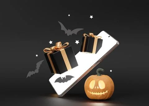 Smartphone with flying gift boxes and Halloween decoration on black backgro.. Stock Illustration
