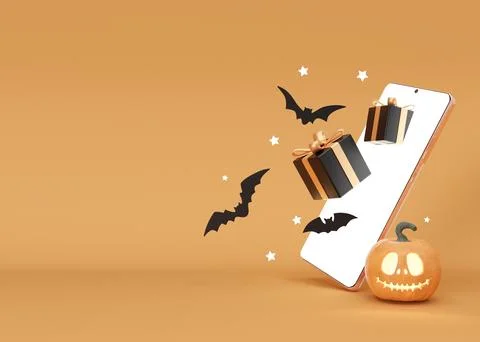 Smartphone with flying gift boxes and Halloween decoration on orange backgr.. Stock Illustration
