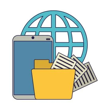 Smartphone with folder and global sphere symbol blue lines Stock Illustration
