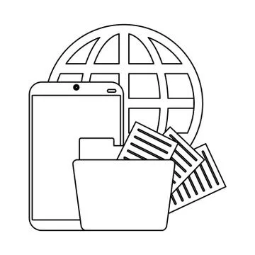 Smartphone with folder and global sphere symbol black and white イラスト素材