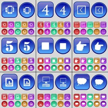 Smartphone, Four, Arrow left, Five, Media stop, Hand, File, PC, Chat cloud. A la Stock Illustration