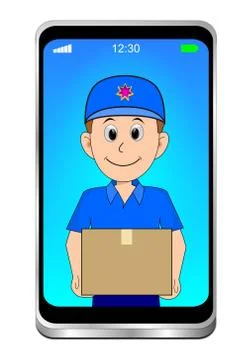 Smartphone with friendly Courier delivering a parcel - 3D illustration Stock Illustration