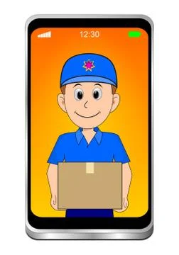Smartphone with friendly Courier delivering a parcel - 3D illustration Stock Illustration