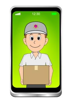 Smartphone with friendly Courier delivering a parcel - 3D illustration Stock Illustration