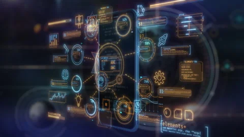 Smartphone with futuristic digital interface displaying data analysis Stock Footage 330073021