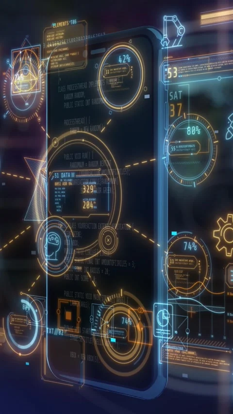 Smartphone with futuristic digital interface displaying data analysis Stock Footage 345667227