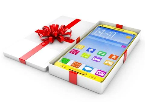 Smartphone in a gift box. isolated render on a white background Stock Illustration