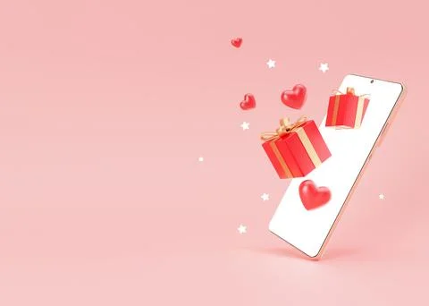 Smartphone with gift boxes and hearts on pink background, copy space. Shopp.. Stock Illustration