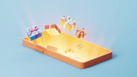 Smartphone with gifts motion graphics, glowing screen, presents flying out .. Stock Footage 332391183