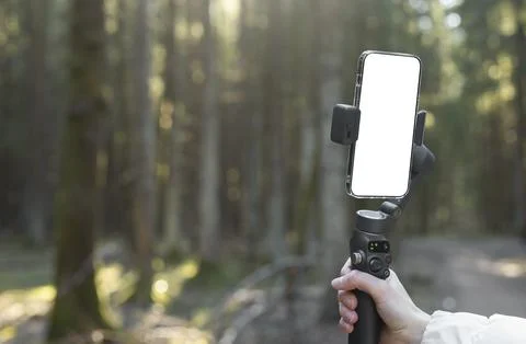 Smartphone gimbal held in a forest trail. Mobile stabilizer for outdoor filmi Stock Photos