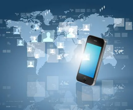 Smartphone with Global Digital Network Map Interface Stock Photos