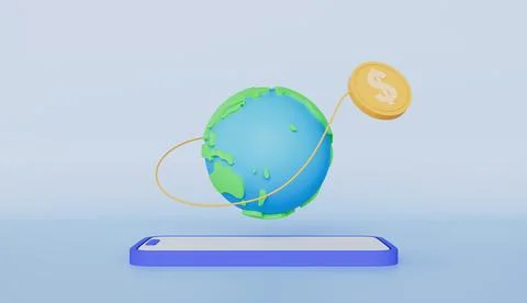 Smartphone with globe and dollar coin, Currency exchange rate increase Stock Illustration