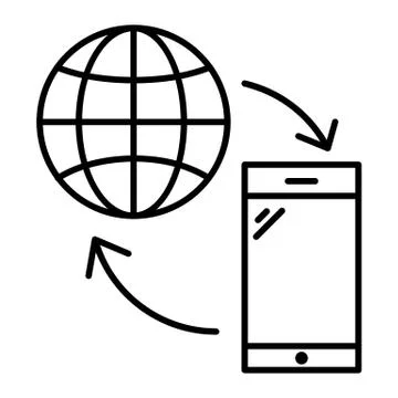 Smartphone with globe thin line icon. Data exchange vector illustration isolated Illustrazione stock