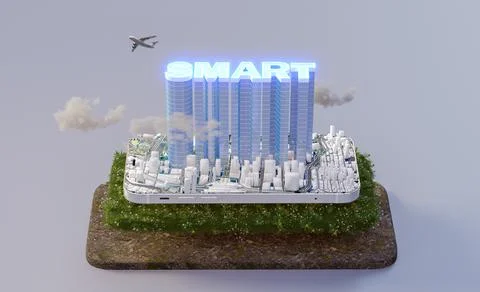 Smartphone with glowing smart building in technology future smart city. urban Ilustración de archivo