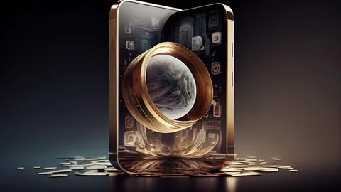 Smartphone with gold ring on dark background. Stock Illustration