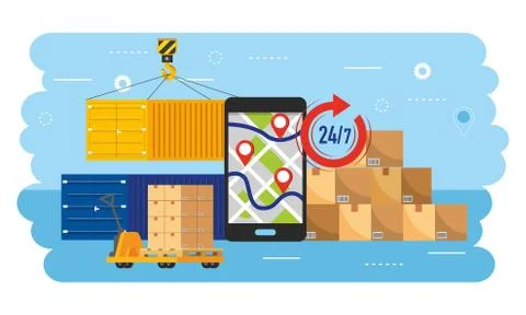 Smartphone gps map with containers and boxes packages 스톡 일러스트