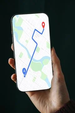 Smartphone GPS Navigation Map with Route and Location Pin Stock Photos