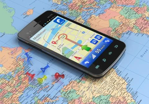 Smartphone with GPS navigation on world map Stock Illustration