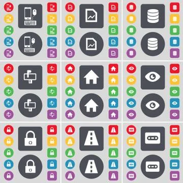 Smartphone, Graph file, Database, Mailbox, House, Vision, Lock, Road, Cassette i Illustrazione stock
