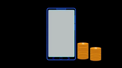 Smartphone with Gray Screen Next to Stacks of Gold Coins on animated Black .. Stock Footage 321454915