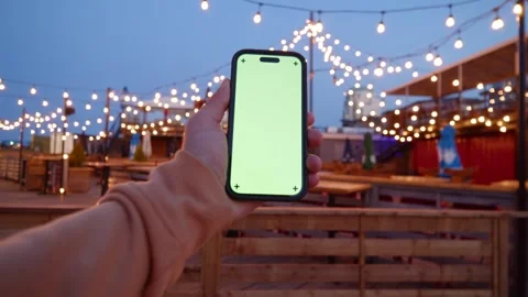 Smartphone With Green Screen In Hand - Night City Lights In Background Stock Footage 309476019