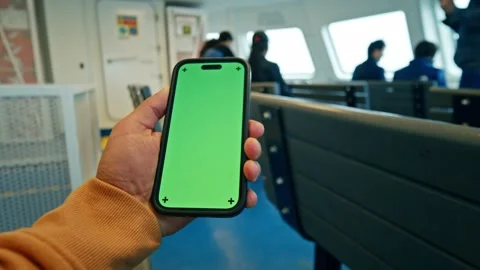 Smartphone Green Screen In Man Hand On Passenger Ferry Ferry Transportation Stock Footage 326173111