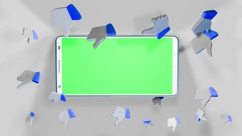 A smartphone with green screen in the middle of dislikes with thumbs down Stock Illustration