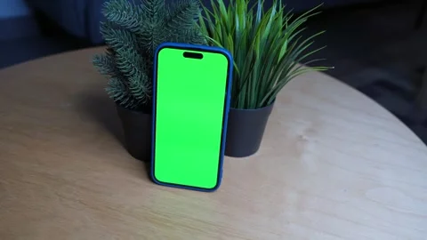 Smartphone Green Screen Mockup Between Plants – 4K Indoor Natural Desk Setup. Stock-Footage 310039834