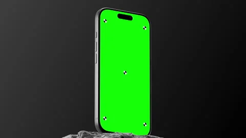 Smartphone Green Screen Mockup Standing On Stone With Black Background Stock Footage 344625242