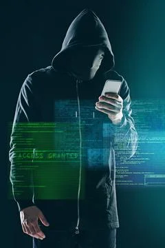 Smartphone, hacker and cyber security, internet web technology and man for Stock Photos