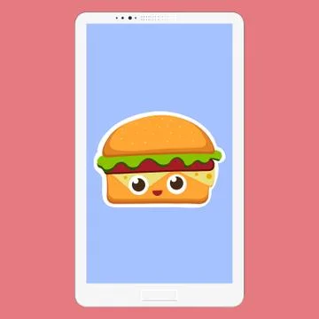 Smartphone with hamburger vector illustration in flat cartoon style. Fast food Stockillustratie