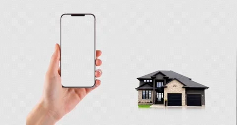 Smartphone in hand and a drop-down house Stock Footage 218226143