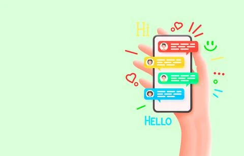 Smartphone in hand, communication between people using chat. Vector Stock Illustration