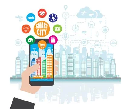 Smartphone in hand helps to focus in a smart city with advanced smart services Illustrazione stock