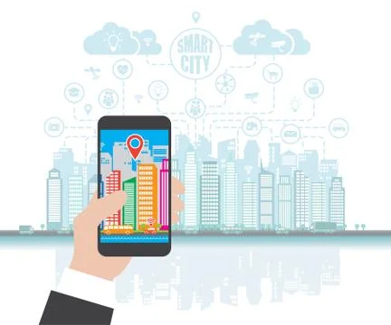 Smartphone in hand helps to focus in a smart city with advanced smart services Stock Illustration