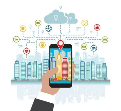 Smartphone in hand helps to focus in a smart city with advanced smart services Stock Illustration
