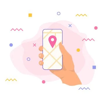 Smartphone in hand, location icon on google map screen. Vector illustration. Stock Illustration