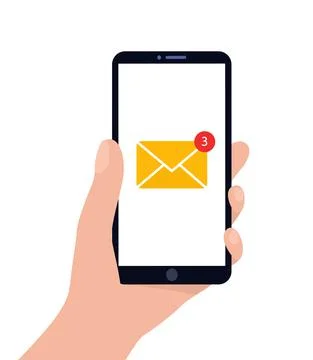 Smartphone in hand with mail icon. Three unread messages. Email application c Stock Illustration