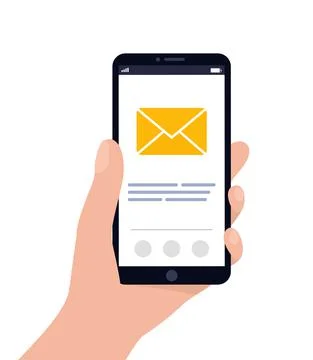 Smartphone in hand with mail icon. Three unread messages. Email application c Stock Illustration