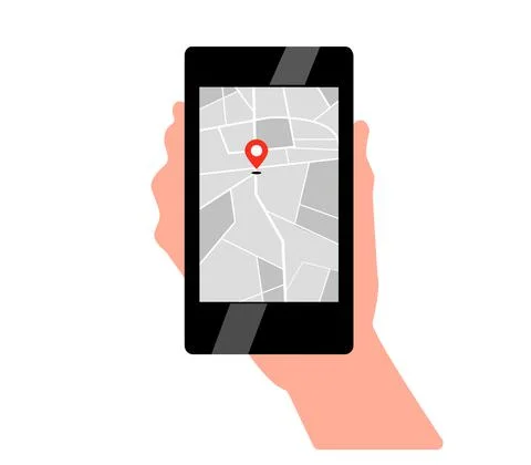 Smartphone in hand with map app location navigation geo tag city in flat styl Stock Illustration