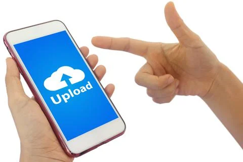 Smartphone on hand opening cloud uploading concept on phone screen. woman or  Foto stock