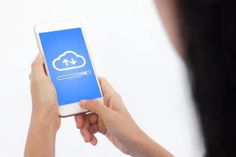 Smartphone on hand opening cloud uploading concept on phone screen. woman or  Stock Photos