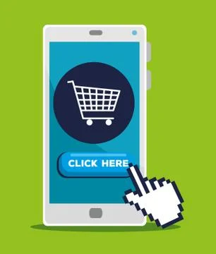 Smartphone with hand pointer cursor and shopping online 스톡 일러스트