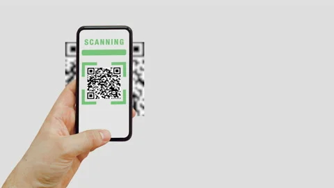 Smartphone in hand scanning QR Code, blue panel animation 4K Stock Footage 146085821