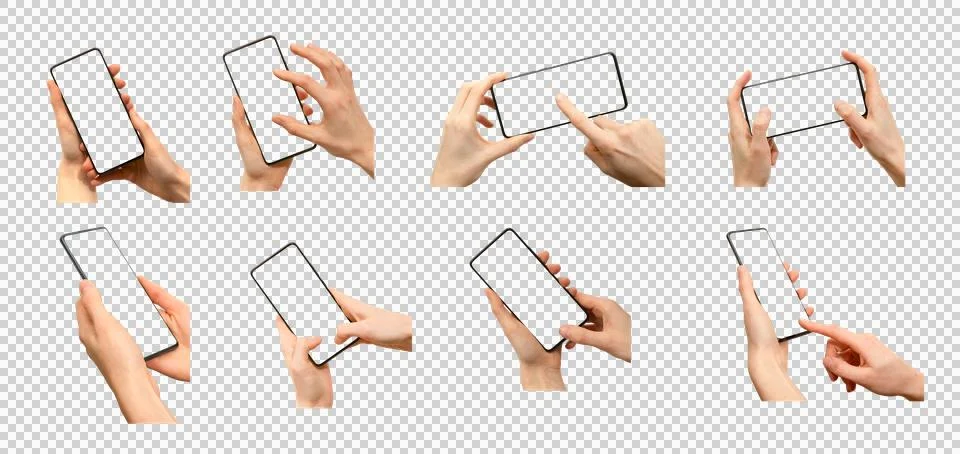 Smartphone in hand touch screen gesture mockup set isolated on transparent .. Stock Photos
