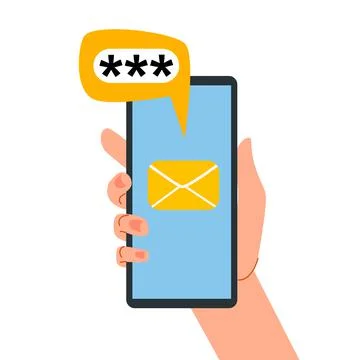 Smartphone in hand. Two-factor authentication. A message with a code. Illustrazione stock