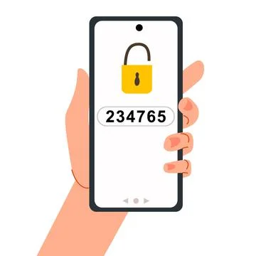 Smartphone in hand. Two-factor authentication. A message with a code. Illustrazione stock
