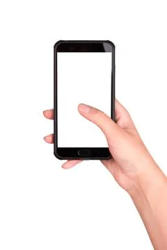 Smartphone in hand on a white background. Using the smartphone. Foto stock