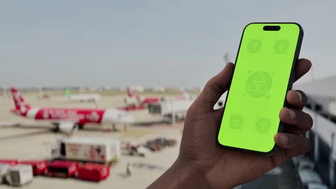 Smartphone held in front of a bustling airport terminal with airplanes Stock Footage 296943392